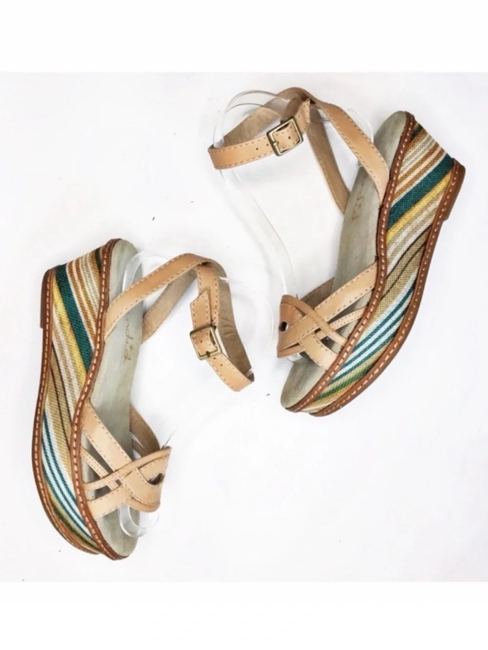 Splendid Striped Espadrille Wedge Sandals Leather Canvas Size 8